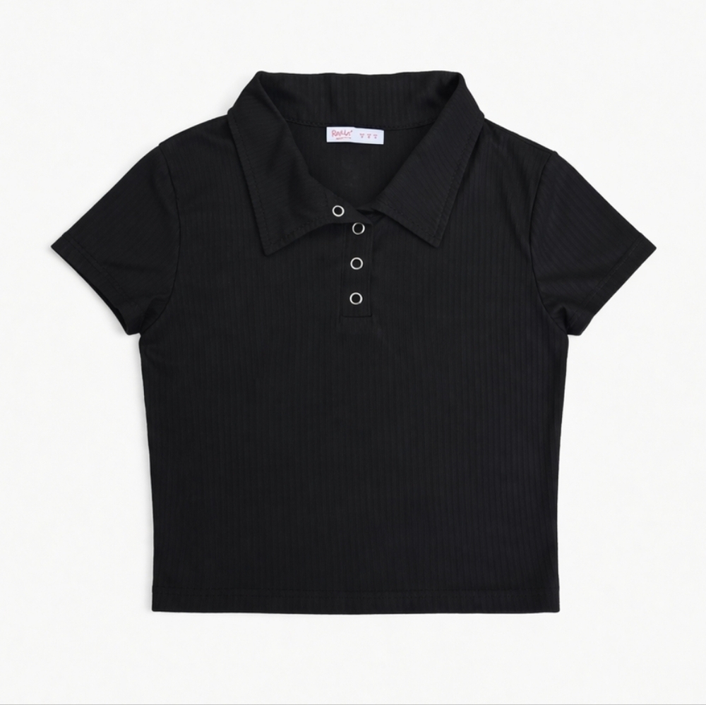 ROMWE Black Short-Sleeve Collared Crop Top with Snap Placket